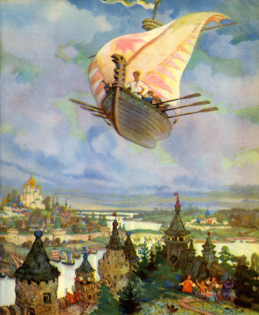 ロシアのニコライ・コヘルギン「空飛ぶ船」ファンタジー油絵
